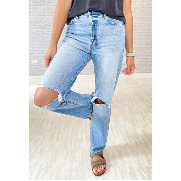 CELLO Stretch Super High Rise Destroyed Dad‎ Jeans Button Fly Medium Wash Size 7 - Picture 3 of 10